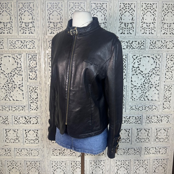 Baby Phat Soft Black Leather Moto Grunge Buckle Zip Up Jacket Sz Large - Picture 5 of 11